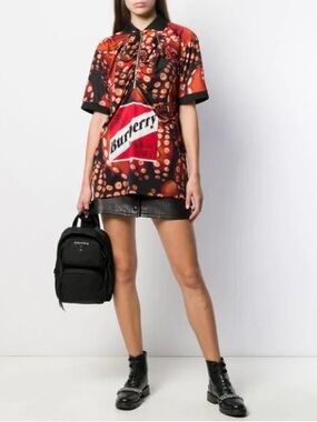 NWT Burberry Octopus Print Polo Shirt Red Longline Tunic Sz M